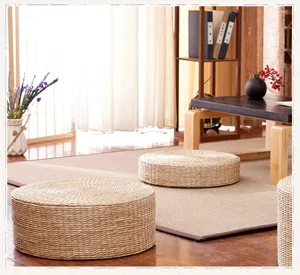Natural straw woven round floor cushion, Japanese tatami meditation mat for home tea room.