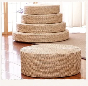 Round straw woven tatami cushion meditation pouf floor mat natural breathable home decor detail