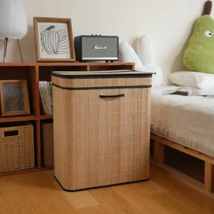 Detailed shot of the bamboo woven storage basket in a cozy bedroom setup with natural tones.