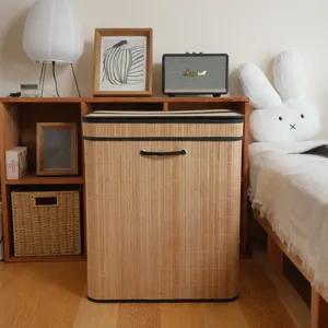 Nordic bamboo woven foldable laundry basket with lid, practical bedroom storage hamper.