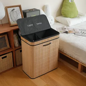 Nordic bamboo woven laundry basket double compartment foldable storage hamper for bedroom home