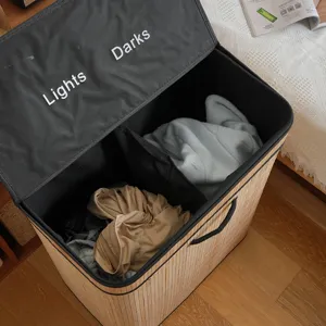 Bamboo double compartment laundry hamper with folding design and inner sorting lid labels.