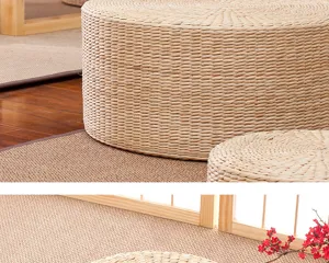 Close-up detail of natural woven straw tatami cushion, handmade Zen meditation mat texture.