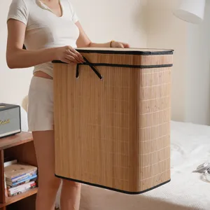 Nordic bamboo woven laundry basket foldable storage hamper for bedroom clothing and toys organizer