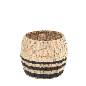 Handmade Woven Wicker Storage Basket Straw Storage Bin With Handles Geometric Stripe Desktop Organizer Home Sundries Container