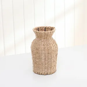 Handmade straw woven vase retro desktop decorative small mouth dried flower basket
