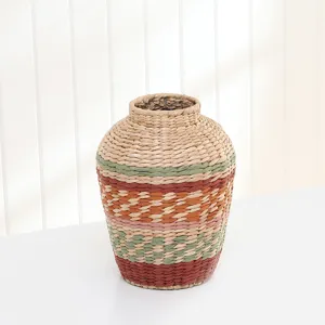 Handmade Straw Woven Vase Retro Desktop Decorative Small Mouth Vase Artificial Woven Flower Basket Home Decor