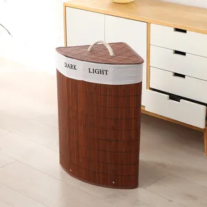 Cesta para ropa sucia de bambú de esquina con tapa asa de cuerda organizador clasificado.