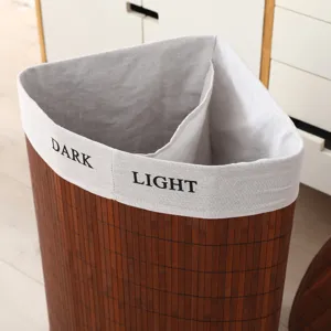 Cesto de ropa de bambú para esquina con dos compartimentos, cesta plegable para el hogar.