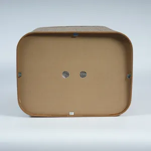 Detailed bottom view of foldable woven storage basket with sturdy base and secure metal clips.