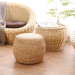 Handmade straw woven tatami pouf cushion, natural rattan floor footstool. Perfect for living room.