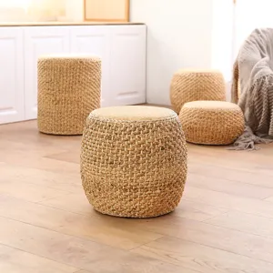 Handcrafted straw woven meditation pouf tatami stool detailed view for home living room decor.