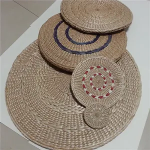 Handmade woven straw meditation mat set, natural cattail tatami floor cushion for yoga decor.