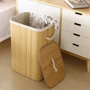Opvouwbare Houten Was mand Riet Opslag Mand Met Deksel En Katoenen Touw Handvatten Voor Slaapkamer Badkamer Thuis Organisatie