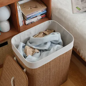 Hand-woven bamboo laundry basket storage hamper with fabric lining for home organization details