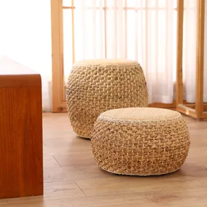 Detailed view of handmade woven straw pouf cushion, perfect for Japanese home tatami tea room.