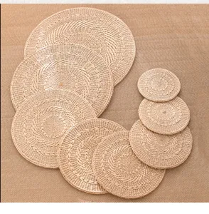 Round straw woven mat set, natural handmade rattan cushion for tatami, yoga, and home decor.