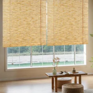 Natural reed roll-up blind for window sun shading, durable bamboo roller shade for home.