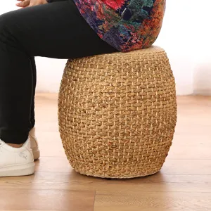 Natural woven straw tatami pouf detail showcasing texture and sturdy daily seating support.