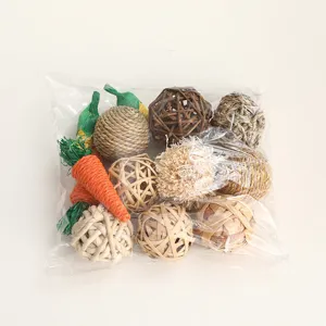 Pet chew toys set natural grass woven balls and carrot shapes for parrots hamsters molar teeth