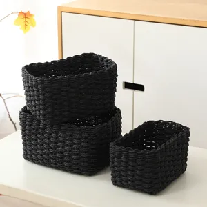 Black woven storage basket set desktop organizer for home office sundries and cosmetics