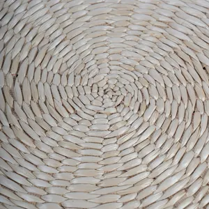 Detailed close-up of natural woven corn husk cushion showing circular texture, perfect for tatami.