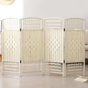 Paravent Pliant 4 Panneaux en Paille Tressée Séparateur de Pièce Décoration Intérieure