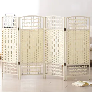 Paravent de séparation tressé 4 panneaux cloison pliante pour animaux en rotin beige élégant