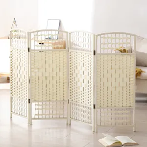 Paravent pliante en rotin 4 panneaux separation de piece tresser pour la maison et les animaux