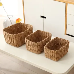 Handwoven Paper Rope Storage Basket Set Desktop Cosmetic Sundries Organizer Woven Storage Box For Home Organization