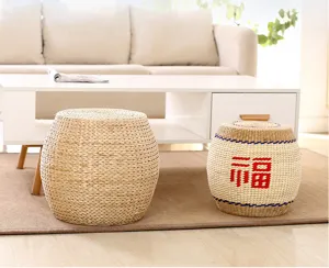 Detailed view of hand-woven straw meditation stool, natural texture for home Zen decor.