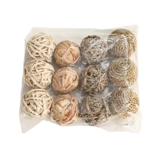 Natural woven grass pet chew balls set, 12 pieces in a clear bag for birds and small animals.