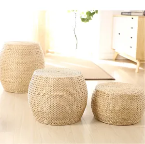 Handmade straw woven meditation pouf tatami cushion set, natural material for home living room decor.