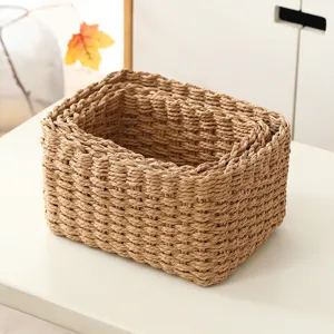 Woven storage basket set natural paper rope desktop organizer for sundries cosmetics home decor