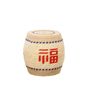 Handcrafted straw woven meditation pouf tatami cushion with red blessing symbol