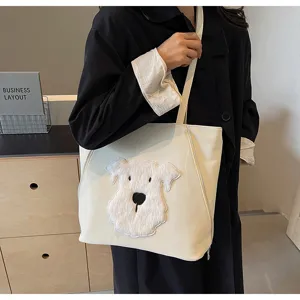 Damen lässige Schulter-Shopper-Tasche mit süßem weißen Hunde-Appliké, großkapazität Handtasche