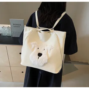 Lässiger weißer Damen Rucksack große Kapazität Schultertasche mit niedlichem Hunde Plüsch