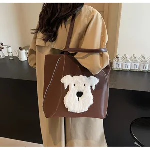 Braune Tote Tasche mit niedlichem flauschigen Hunde Applikkation, geräumige Freizeittasche.