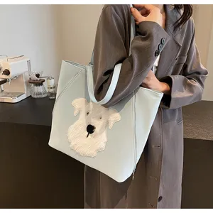 Hellblaue Damen Handtasche Shopper grosse Kapazitat modische Umhaengetasche mit Hundemotiv.