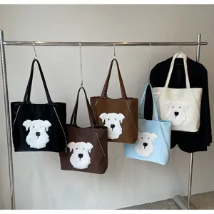Grosse Kapazitat Damen Schultertasche Shopper mit flauschigem Hundepatch, Freizeit Tasche