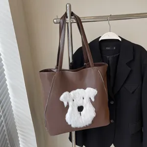 Braune Leder-Tasche für Damen mit süßem flauschigen Hunde-Aufnäher, geräumiger Shopper.