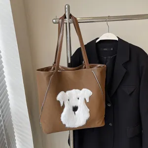 Braune PU Leder Handtasche für Damen, große Umhängetasche für Alltag mit süßem Hundepatch.