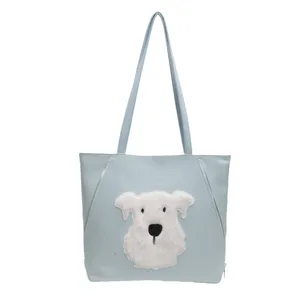 Freizeit hellblaue Damen Schulter Tote Bag mit süßem flauschigen weißen Hundemotiv große Kapazität