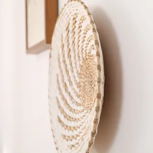 Close-up detail of the woven wall hanging showcasing natural texture, minimalist Japanese home decor.