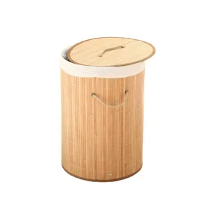 Panier à linge rond en bambou avec couvercle et doublure en tissu pour rangement maison et jouets.