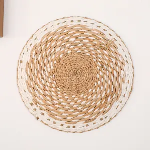 Round woven straw wall hanging minimalist home decor handmade natural fiber placemat
