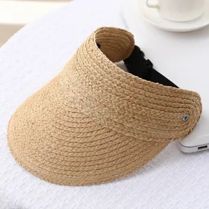 Handmade raffia straw sun visor detail, breathable empty top summer beach sun protection hat.