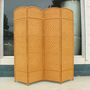 Chinese style 4-panel folding room divider screen wicker rattan partition for home office decor