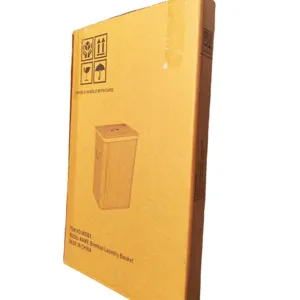 Bamboo laundry basket storage box packaging display showing product details and dimensions.