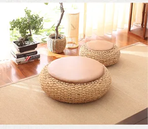Round woven straw tatami floor cushion thick rattan meditation pouf for balcony home decor.
